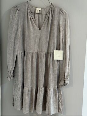 Cynthia Rowley Linen Blend Tiered Dress Medium Neutral Boho Long Sleeve NWT